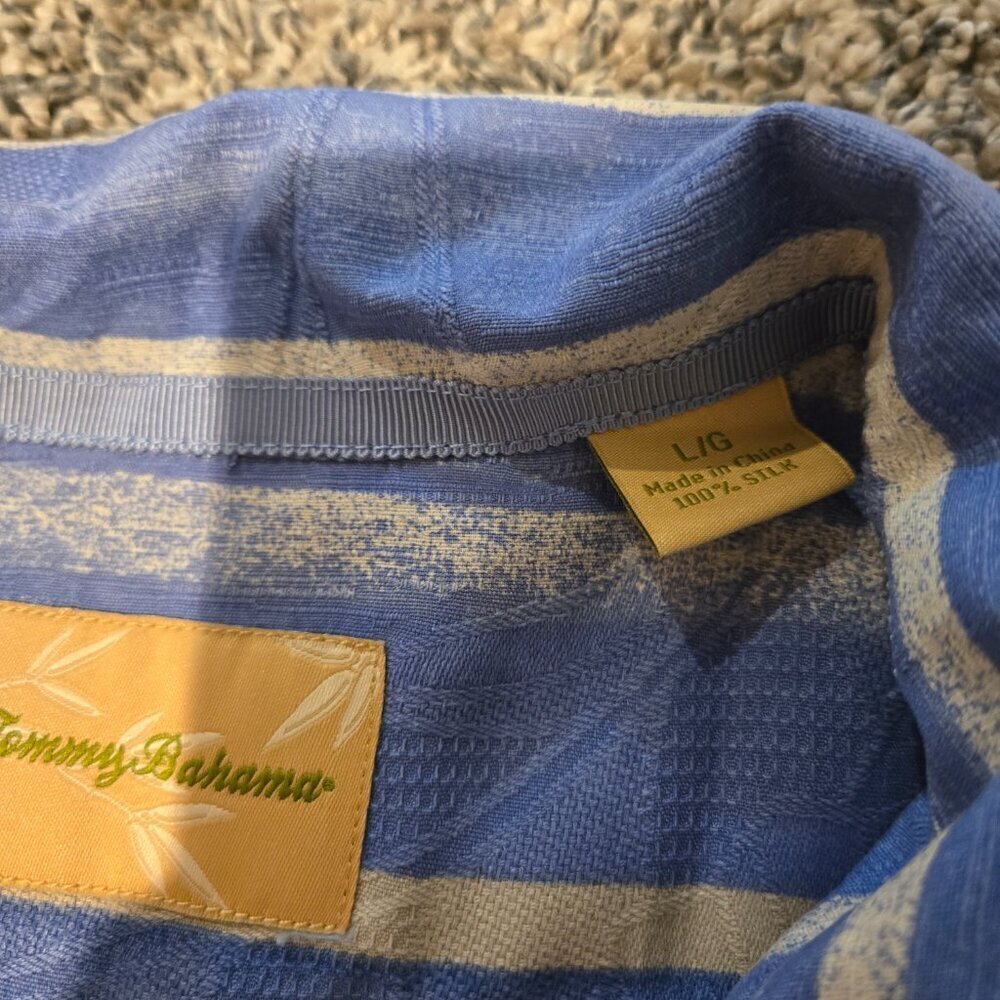 Tommy Bahama Silk Striped Button Down Shirt Short Sleeved Blue Yellow L - Picture 2 of 3